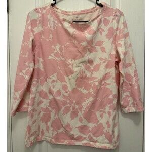 Talbots Top Womens Large Pink Floral Print Boat Neck Tee Stretch Cotton Casual